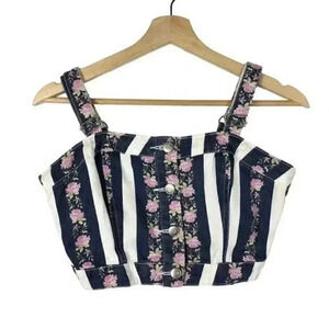 Forever 21 Blue & White Stripe Purple Floral Denim Crop Tank Top M